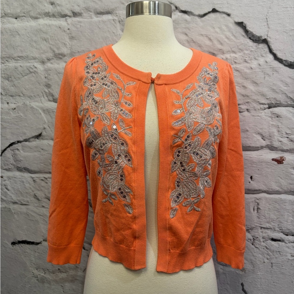 INC International Concepts Sherbet Orange‎ Silver Beaded Embroidered Bolero - Picture 2 of 8